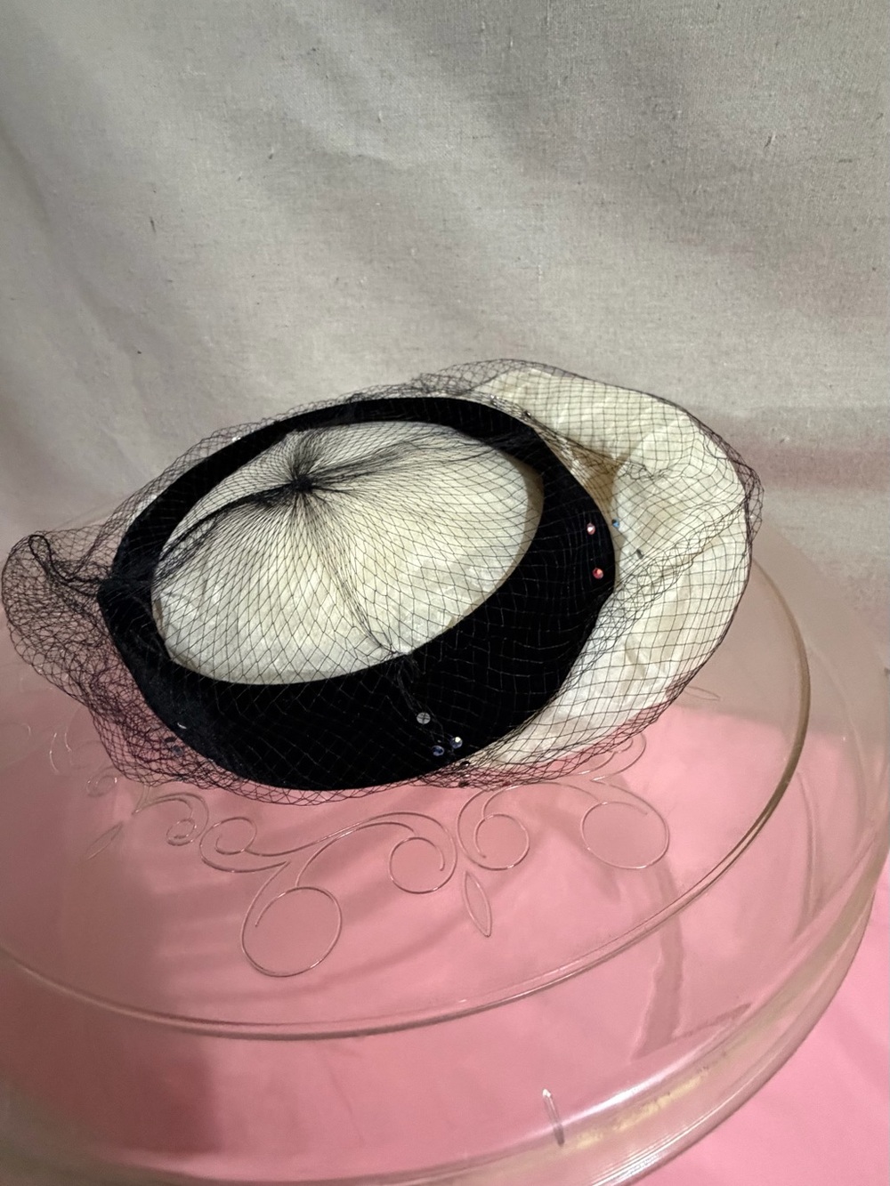 Vintage-Inspired Black-teal-cream Veiled Pillbox Hat 1 veil—3 veiled (lot of 4)
